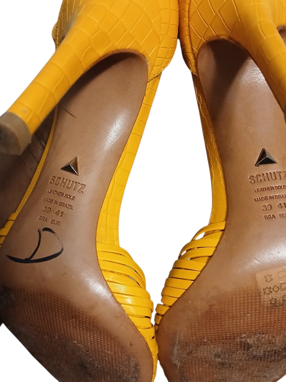 Schutz | Mary Gold Leather Croc Embossed Strappy Peeptoe Heeled Sandals Size 10 - Picture 12 of 13